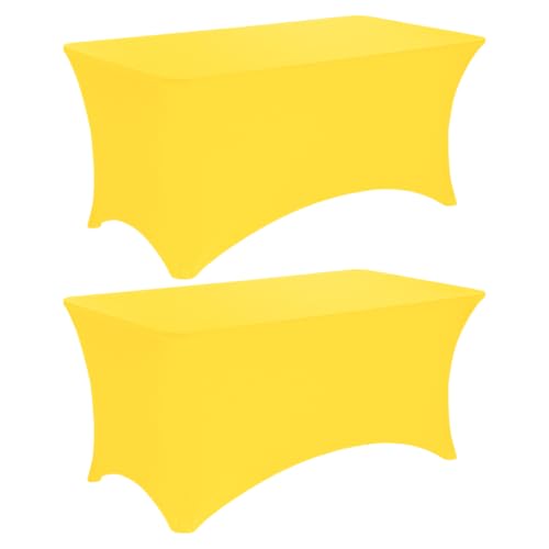 Image of 2 Pack 6FT Spandex Table Covers Washable Wrinkle Resistant Fitted Rectangle Tablecloth for Folding Table Wedding Party Birthday Banquet Bar Events (Yellow, 72 inch L x 30 inch W)