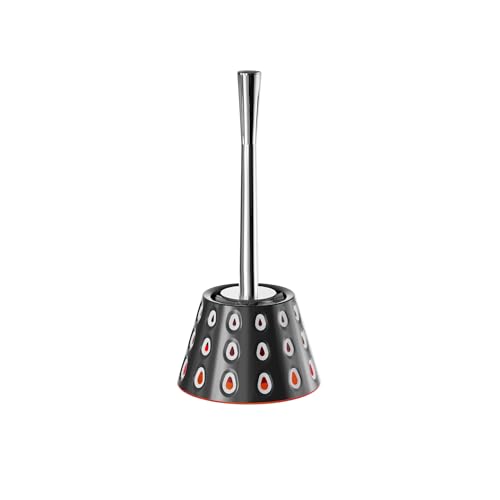 Image of Aesthetic Toilet Brush and Holder | Decorative Bathroom Accessory with Modern Tri-Color Pattern Design | Discreet Enclosed Caddy | Sturdy PP Bristles | Heavy-Duty Base | (Volcanic Gray /White /Red)