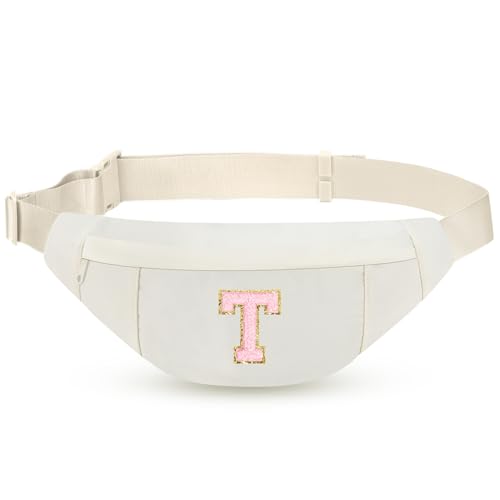 Image of MAXTOP Birthday Gifts for Women Men,Personalized Initial Letter Patch Fanny Pack Crossbody Bag with 3-Zipper Christmas Gift Trendy Stuff for Daughter Sister Her,Beige T