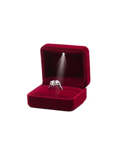 DELALO® Boîte à bague avec lumière LED - Écrin à bague en velours - Boîte à bague avec éclairage LED - Pour fiançailles, demande en mariage, mariage (Bordeaux)