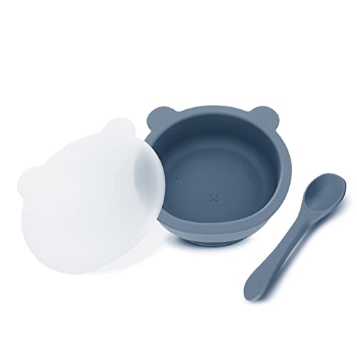 Baby Schüssel mit Saugnapf Silikon Teller Löffel Set mit Deckel Kinder Schälchen BPA-frei Rutschfest Bruchfest Kindergeschirr Set für Junge und Mädchen, Blau Cover
