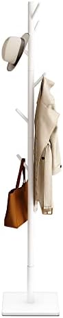 JOISCOPE Coat Rack, Wooden Coat Stand, Free Standing Hall Coat Tree with 4 Height Options, Non-slip Pads and 8 Hooks for Coats, Hats, Bags, Umbrellas, for Home, Office, Hallway, White
