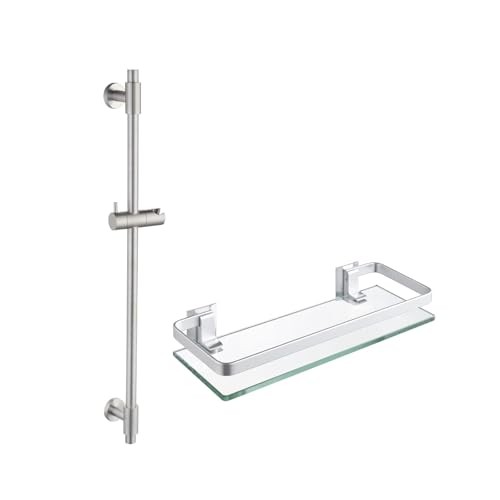 KES Barra deslizante para ducha de 30 pulgadas con soporte ajustable para ducha manual y estante de vidrio para baño 1 nivel extra grueso plata, modelo F209S78-BS+A4126A