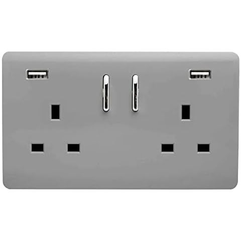 Trendi 2 Gang Artistic Modern Glossy 13 Amp 2 x 2.1mA USB Switched Plug Socket Light Grey Cover
