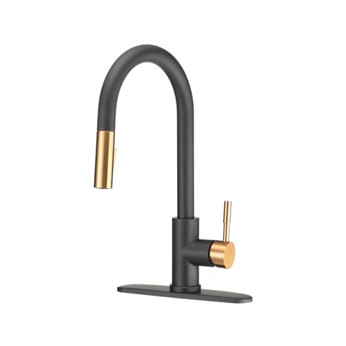 Image of Dura Faucet DF-MK530SLK-MBRG RV Pull-Down Kitchen Faucet (Matte Black) | Single handle pull-down kitchen faucet for RV and camper galleys. Matte Black /Rose Gold finish. Easy DIY install.