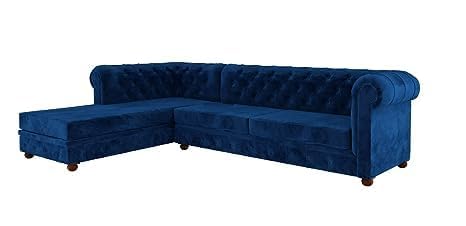 Image of Solid Wood Velvet Fabric L Shape Sofa Sofa for Living Room Button Tufted Sofa Chair for Home & Office (Left Aligned L-Shaped (Right Aligned L-Shaped Blue)