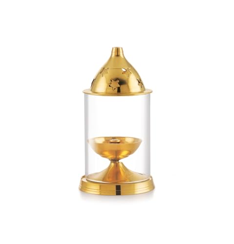 Image of Copper Brass AKHAND Diya with Glass Cover, Deepam Jyot Diya Oil Lamp- Golden Brass Diya for Festivals (Medium)
