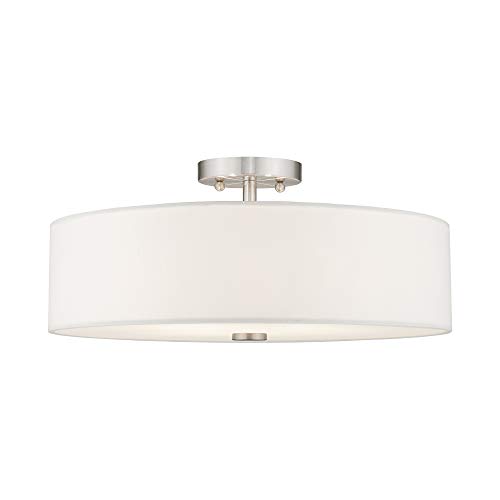 Image of Livex Lighting 51055-91 4-Light Semi Flush Ceiling Light, Brushed Nickel | Off-White Fabric Hardback Drum Shade