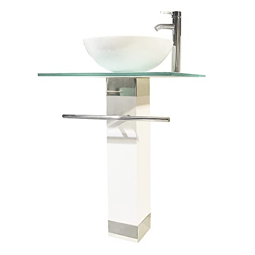 Modern Glass Pedestal Sink Stylish Painted Glass Countertop Bathroom Vanity Combo With Ceramic Vessel Sink, Wood Pedestal, Faucet And Drain Include (White) #TOP3
