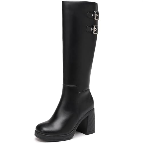 TYNDALL Womens Knee High Boots Platform Chunky Heel Black Boot For Women
