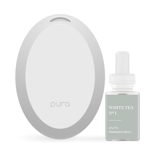 Pura Home Mini Fragrance Diffuser for Small Spaces Adjustable Smart Home Device with LED Light & Automatic Vial Detection - Includes 1 Scent Refill - White Tea no.1