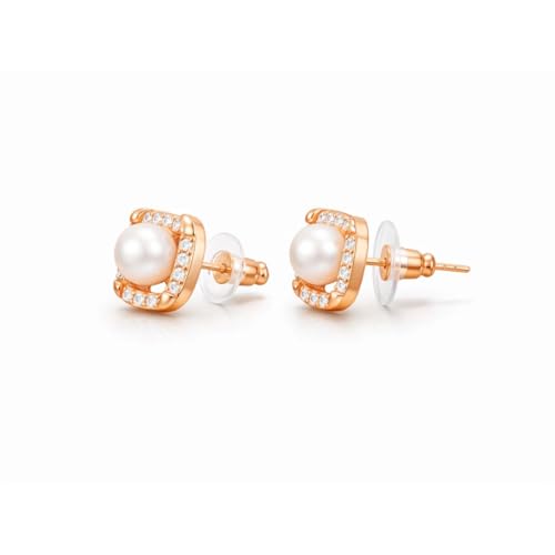 Image of Nilu's Collection Rose Gold Plated Triangular Design Pearl Stud Earrings With American Diamond for Women And Girls | Gift For Her | Anti- Allergy |Anti-Tarnish | Office Wear