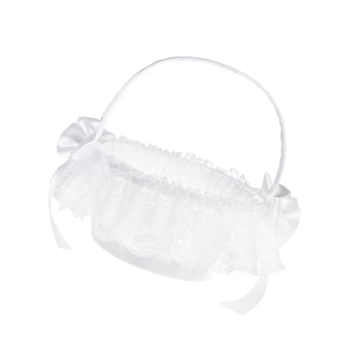 Delicate Wedding Lace Flower Basket with Fabric Flowers for Weddings Graduations and Special Occasions White