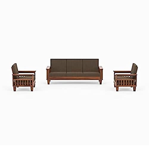 Image of K L FURNITURE Kl Furniture Solid Sheesham Wood Standard Sofa Set 5 Seater Furniture Wooden 5 Seater Sofa Set (3+1+1) Teak Wood Sofa Set Furniture Home Living Room With Cushions-Teak Finish,Brown