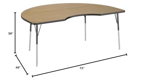 Image of FDP Kidney (48 x 72 inch) Collaborative Classroom Table with Adjustable Standard Swivel Glide Legs (19-30 in); School and Office Furniture - Pasadena Oak Top /Black Edge and Legs