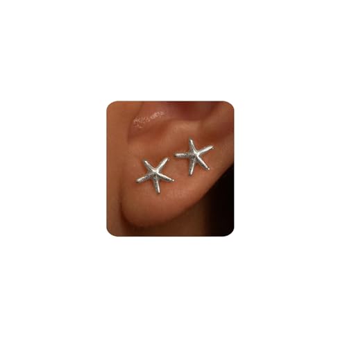 MUMREUES Pendientes Mujer plata de ley 925 Plata De Para De Estrella De Mar Delicados Ligeros Sencillos Con Conchas Marinas Con Temática Playera De Verano Joyería Hipoalergénica Regalo Para Ella
