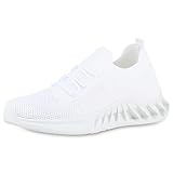 VAN HILL Damen Laufschuhe Sportschuhe Flache Stoff Schuhe Sportliche Schnürer Profilsohle Turnschuhe Strick Schnürschuhe 206104 Weiss Robust 40