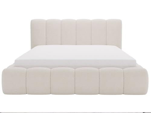 GRAINGOLD Cloud Bett 140x200, Polsterbett mit Bettkasten, Polsterbett mit Stauraum, Bouclé-Stoff, mit Lattenrost, mit Kopfteil, ohne Matratze (Beige, 140x200)