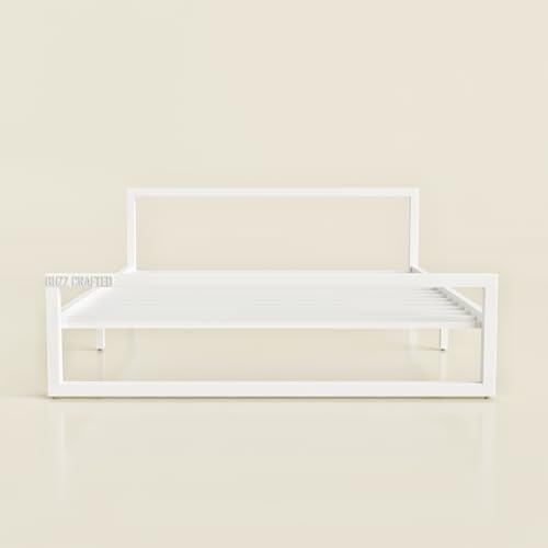 Image of Queen Size Metal Bed Frame | Queen Metal Bed | Queen Iron Bed | QueenSize Steel Bed | Heavy Duty Platform Bed | Wrought Iron Bed | Double Bed Cot | Steel Slats | No Box Spring Needed |White