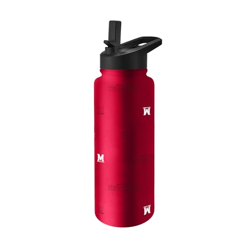 Image of Logo Brands NCAA Maryland Terrapins Step & Repeat 34 oz Stainless Steel Quencher Bottle - All Over Logo Design, No-Spill Lid, Easy Carry Handle - Keeps Drinks Cold For Hours