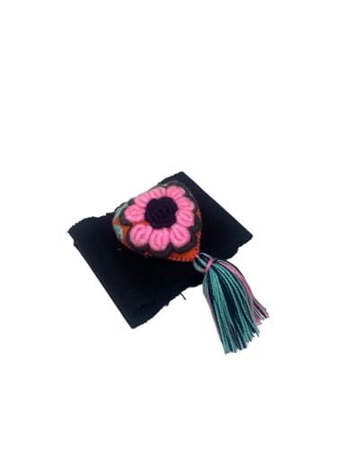 Traditional Mexican Embroidered Heart Belt with Tassel, Black belt WITH hand made heart with Floral Design and pompoms3