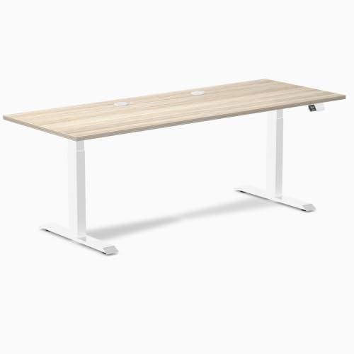Image of Desky Electric Standing Desk, 78.7 inch Laminate Height Adjustable Sit Stand Desk, Dual Motor, 4 Memory Presets, Ergonomic Computer Workstation for Home Office - Classic Oak Top and White Frame