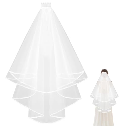 Velo da sposa, Tulle Doppio Velo da Sposa con Pettine, bordo nastro 60-80 cm, lunghezza gomito velo da sposa con Bordo satinato per matrimoni, Feste singole.
