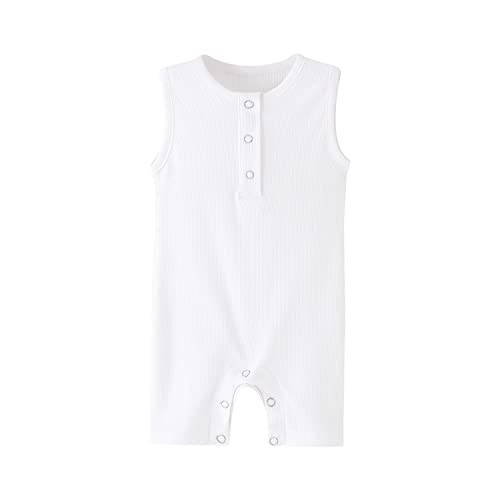 Image of Teach Leanbh Baby Romper Cotton Sleeveless Button Down One Piece Linen Jumpsuit Coverall 3-24 Months (White, 3-6 Months)