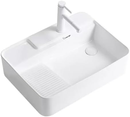 Laundry Utility Sink with Washboard, Ceramic Bathroom Vessel Sink with Hot & Cold Faucet, Drain, Perfect for Home & Hotel Use (60x44x16cm/23.6x17.2x6.3in)