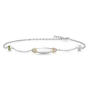Gem Stone King 925 Silver and 10K Yellow Gold Personalized Customized Peridot Moissanite Lazer Engraved Initial ID Name Anklet Bracelet For Women (0.55 Cttw, 8 Inch + 2 Inch Extender)