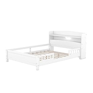 Full Size Bed with Storage Headboard and Guardrail, Kids Full Platform Bed Wood Frame with Built-in LED Light, for Girls Boys,Full Size,White Full Size Bed with Storage Headboard and Guardrail Kids Full Platform Bed Wood Frame with Built in LED Light for Girls BoysFull SizeWhite