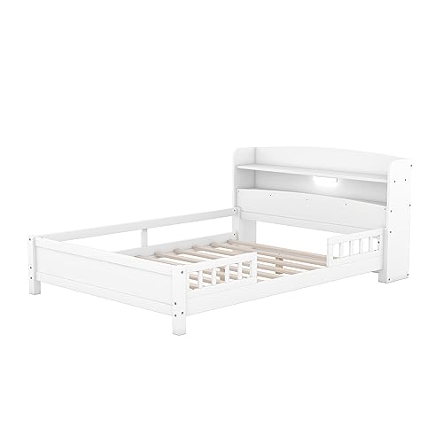Full-Size-Bed-with-Storage-Headboard-and-Guardrail-Kids-Full-Platform-Bed-Wood-Frame-with-Built-in-LED-Light-for-Girls-BoysFull-SizeWhite Full Size Bed with Storage Headboard and Guardrail Kids Full Platform Bed Wood Frame with Built in LED Light for Girls BoysFull SizeWhite