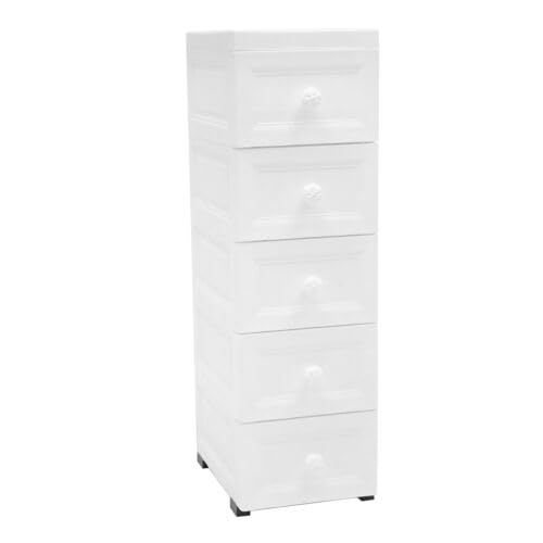 Cassettiera su ruote, armadietto laterale a 5 cassetti, armadietto da bagno, impermeabile, armadietto sottile per cassetti, 34 × 25 × 82 cm, per giocattoli per bambini, ufficio, soggiorno