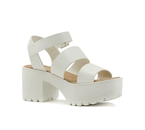Soda Account ~ Women Open Toe Two Bands Lug Sole Fashion Block Heel Sandals With Adjustable Ankle Strap (White, Numeric_9) #TOP1
