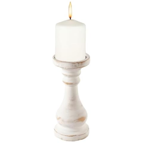 CedarLux Rustic Pillar Candle Holder, 8.5 Inch White Wooden Candlestick Holders, Farmhouse Candle Stands for Pillar Candle, Decorative Wood Candlestick Holders for Living Room, Table Centerpiece Cover