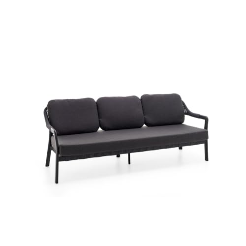  KLULK Divano Da Esterno 3 Posti Martinica In Alluminio Verniciato A Polvere Antracite, Intreccio In Corde Tetoron, Completo Di Cuscini Sfoderabili In Tessuto Olefin, L 205 x P 75 x H 75 Cm
