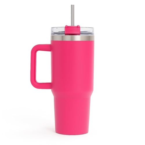 Image of Double Wall Insulated Stainless Steel Tumbler with Handle 1200ml | Travel Mug with Steel Straw| Hot & Cold Beverage Flask | Easy Carry Home, Office, Gym (Hot Pink)