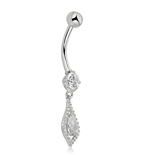 Image of AVORA 10K Gold Simulated Diamond CZ Teardrop Dangle Belly Button Ring Body Jewelry (14 Gauge)