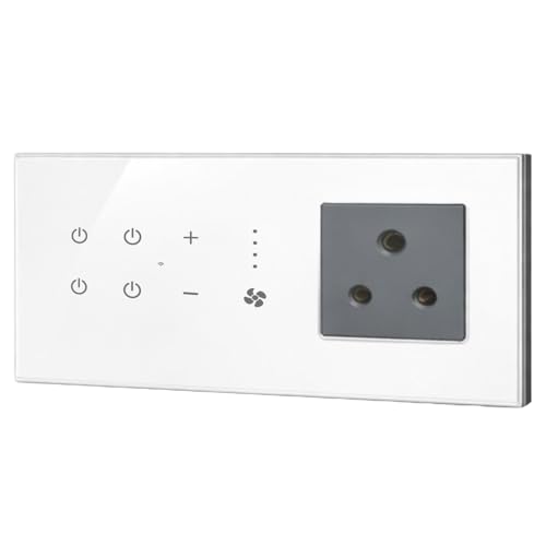 Image of Smarteefi WiFi Glass Touch Smart Switch Board| Toughened Glass | 5 Ports (3 Switch + 1 Regulator + 1 Socket)| Guaranteed Schedules| Compatible with Alexa, Google Home (White, FT41-6M-220mmx90mmx40mm)