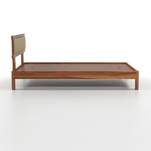 Image of Solid Sheesham Wood Single Bed Without Storage for Bedroom | Single Size Wooden Cot with Upholstered Headboard | Modern Platform Divan Bed for Home, Guest Room (Honey Finish)