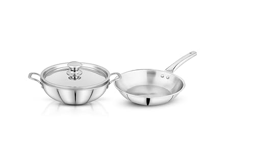 Image of Pigeon Trinity Triply 3 Pc Stainless Steel Cookware Set - Kadai (2100ml) with Lid | Fry Pan(1200ml) | Induction & Gas Stove Compatible, Silver | ISI Certified