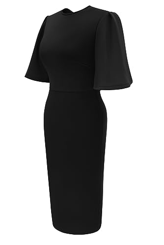 Image of Memoriesea Women's Basic Bodycon Ruffle Flared Short Sleeve Pencil Midi Dress