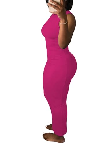 Image of Ulovmi Women's Maxi Bodycon Summer Dress Long Formal Ruched Sundress Elegant Casual Tank Sleeveless Dress Party Cocktail