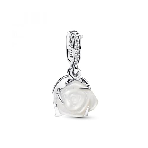 Colgante doble de plata de ley con rosa blanca para pulseras de abalorios y cadenas de cuello