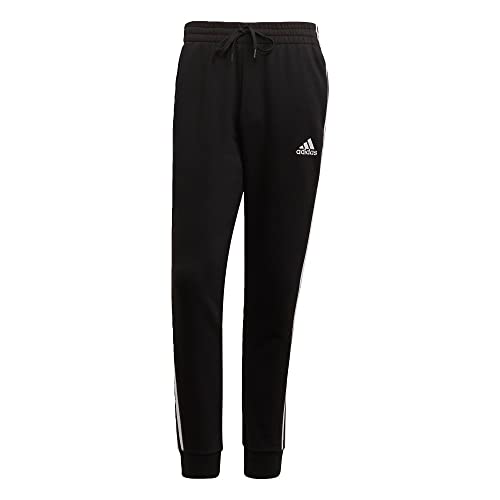 adidas Men's Standard Essentials Fleece Tapered Cuff 3-Stripes Pants, Black/White, Medium