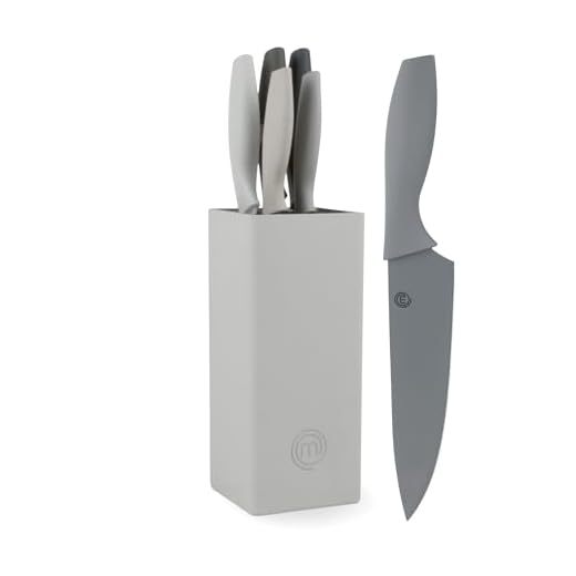 MasterChef Set Coltelli da Cucina con Ceppo Universale, Portacoltelli con Lama Affilato per Pane, Carne, Verdure e altro, Acciaio Inox, Prova di Calore, Manici Grigi, 5 Pezzi