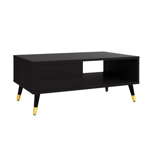 Image of MATTERHORN Noir Coffee Table - 1000x550x500 mm (LxBxH), Engineered Wood & Steel with Black & Gold Legs, Free Assembly, 1-Year Warranty - Modern Center Table for Living Room (Ebony Black Finish)