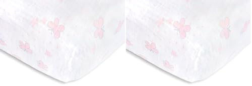 Image of SwaddleDesigns Softest Cotton Muslin Fitted Crib Sheet /Toddler Sheet for Baby Boy & Girl, Pastel Pink Butterflies (Pack of 2)