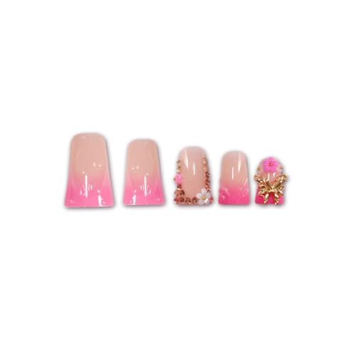 Image of Pink Nail Press ons Ombre French Tip Fake Nails Flower False Nails with Butterfly Design Glossy Duck Glue on Nails Reusable Artificial Acrylic Full Cover Stick on Nails for Women Manicure 24Pcs