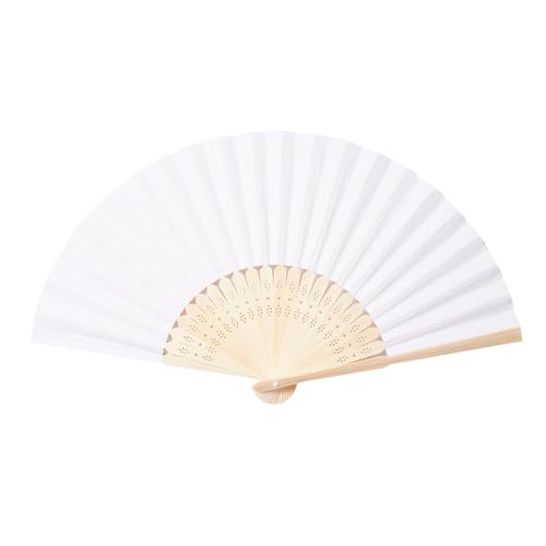 Sepwedd 50pcs White Paper Hand Fan Bamboo Folding,Handheld Paper Folded for Wedding Party and Home Decoration